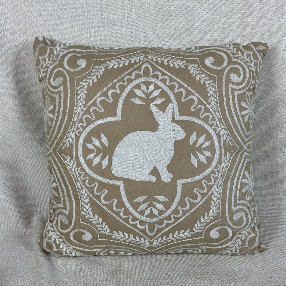 Pier 1 Imports Easter Bunny Throw Pillow 15" Embroidered Beige‎ Tan Cream Rabbit
